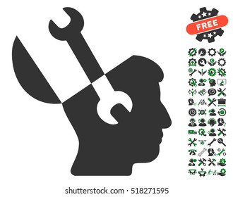 Mind Wrench Tools icon with bonus options pictograph collection. Vector illustration style is flat iconic green and gray symbols on white background.