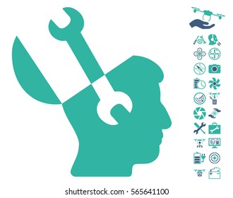 Mind Wrench Tools icon with bonus airdrone service pictograph collection. Vector illustration style is flat iconic cobalt and cyan symbols on white background.
