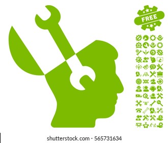 Mind Wrench Tools icon with bonus options pictograms. Vector illustration style is flat iconic eco green symbols on white background.