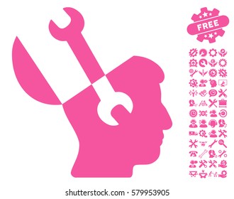Mind Wrench Tools icon with bonus settings design elements. Vector illustration style is flat iconic pink symbols on white background.