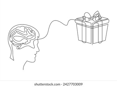 Minded dreamful man present box with gift ribbon bow lookaside on. Lifestyle concept.Continuous line drawing. Vector illustration	
 svg