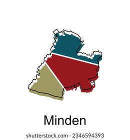 Stadtplan Minden. Vektorplan der Deutschen Country-Design-Vorlage mit umrissem, farbigem Stil auf weißem Hintergrund