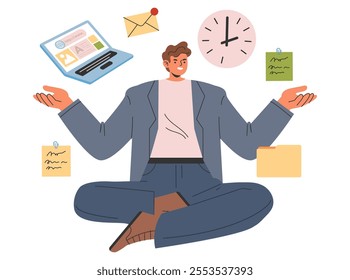 Mindful businessman concept. A serene professional balances work tasks with meditative poise. Time management and productivity in harmony. Vector illustration.