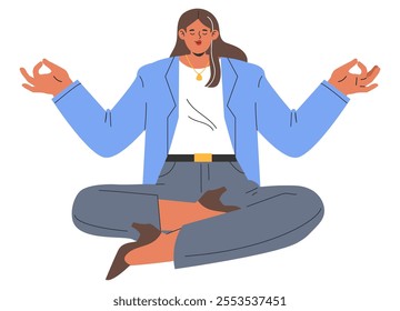 Mindful businesswoman concept. Professional in a suit practices meditation to manage work stress. Corporate wellness and mental health. Vector illustration.