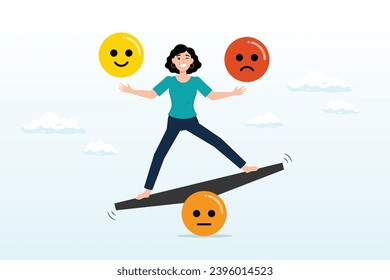 Mindful calm woman using her hand to balance smile and sad face, emotional intelligence, balance emotion control feeling between work stressed or sadness and happy lifestyle (Vector)