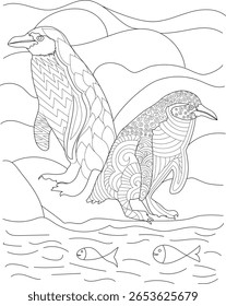 Mindful Coloring Page: Detalhados pinguins de arte. Relaxante preto e branco esboço desenho para alívio de estresse e projetos criativos.