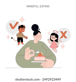 Mindful Eating concept. A person making a healthy food choice influenced by conscience and temptation. Balanced diet decision-making. Vector illustration.