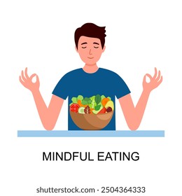 Mindful eating concept. Young man meditating with tasty and healthy vegetables and fruits. Healthy daily diet and balanced lifestyle.