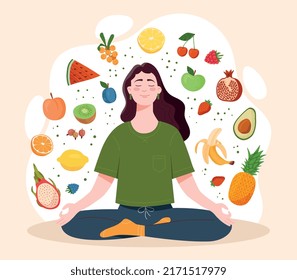 Mindful eating concept. Young woman, surrounded by tasty and healthy vegetables and fruits, sits in lotus position. Healthy daily diet and balanced lifestyle. Cartoon flat vector illustration