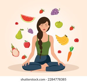 Mindful eating concept. Young woman, surrounded by tasty and healthy vegetables and fruits, sits in lotus position. Healthy daily diet and balanced lifestyle. Cartoon flat vector illustration