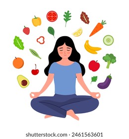 Mindful eating concept. Young woman meditating surrounded by healthy vegetables and fruits. Healthy daily diet and balanced lifestyle.