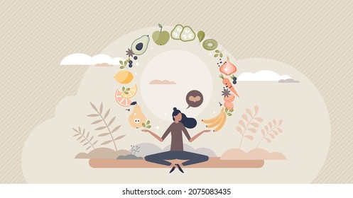Mindful eating and daily diet with harmony and balance tiny person concept. Complete full menu with healthy vegetables and fruits for body balance and fit vector illustration. Mind wellness lifestyle.