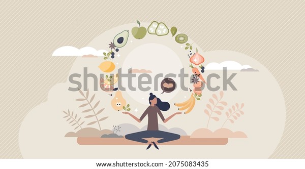 Mindful eating and daily diet with harmony and\
balance tiny person concept. Complete full menu with healthy\
vegetables and fruits for body balance and fit vector illustration.\
Mind wellness\
lifestyle.