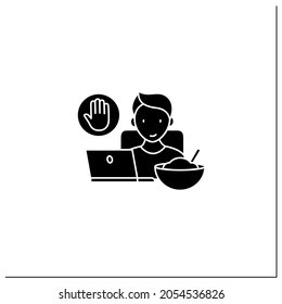 Mindful eating glyph icon. Eating at desk in front of computer screen.Eat mindlessly, Unconscious nutrition at work.Healthcare concept.Filled flat sign. Isolated silhouette vector illustration