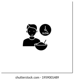 Mindful eating glyph icon. Eating slowly. Savoring every bite.Enjoy meal. Conscious nutrition. Healthcare concept.Filled flat sign. Isolated silhouette vector illustration