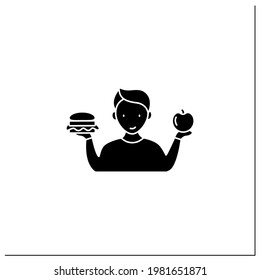 Mindful eating glyph icon. Wiser choices of products. Conscious nutrition.Healthy food. Improve relationships with food. Healthcare concept.Filled flat sign. Isolated silhouette vector illustration