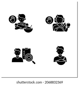 Mindful eating glyph icons set.Conscious, intuitive nutrition. Shopping list. Eating in car.Eat through boredom.Mealtimes concept.Filled flat signs. Isolated silhouette vector illustrations