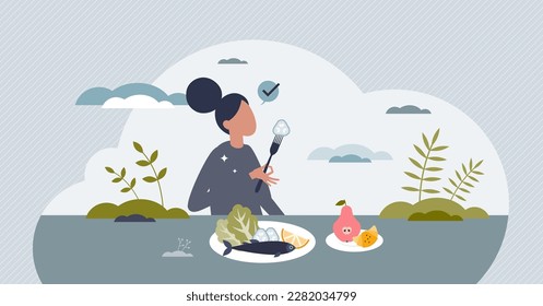 Mindful eating and healthy, balanced food awareness tiny person concept. Think about what you eat and be present to moment vector illustration. Concentration for dinner or supper as daily routine.