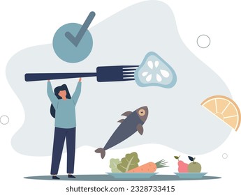 Mindful eating and healthy, balanced food awareness.Think about what you eat and be present to moment.flat vector illustration.