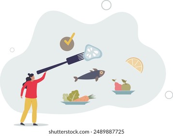 Mindful eating and healthy, balanced food awareness.Think about what you eat and be present to moment.flat design.illustration with people.