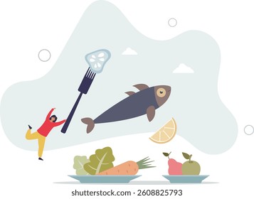 Mindful eating and healthy, balanced food awareness.Think about what you eat and be present to moment.flat character life .