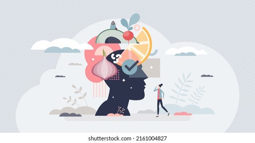 Mindful eating and healthy daily food consumption awareness tiny person concept. Vegetable, fish and fruits balance for body health and vitality vector illustration. Fresh nutrition to avoid obesity.