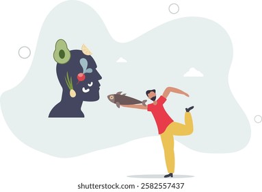 Mindful eating and healthy daily food consumption awareness.Vegetable, fish and fruits balance for body health and vitality .flat characters.