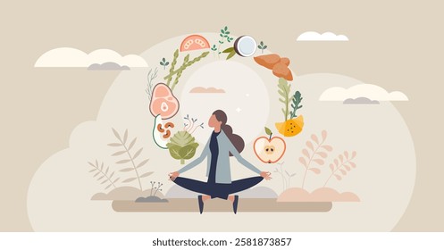 Mindful eating involves balance and awareness, symbolized by meditation and healthy foods like fruits and vegetables. Tiny style