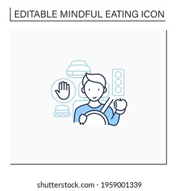 Mindful eating line icon. Eating in the car. Unconscious nutrition in traffic jam.Avoid overeating concept. Isolated vector illustration.Editable stroke