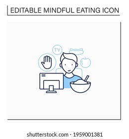 Mindful eating line icon. Eating on the couch, watching TV.Eat mindlessly, Unconscious nutrition.Healthcare concept. Isolated vector illustration.Editable stroke