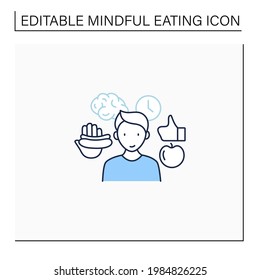 Mindful eating line icon. Practice mindfulness to eat. Careful food selection. Conscious nutrition. Healthcare concept. Isolated vector illustration.Editable stroke