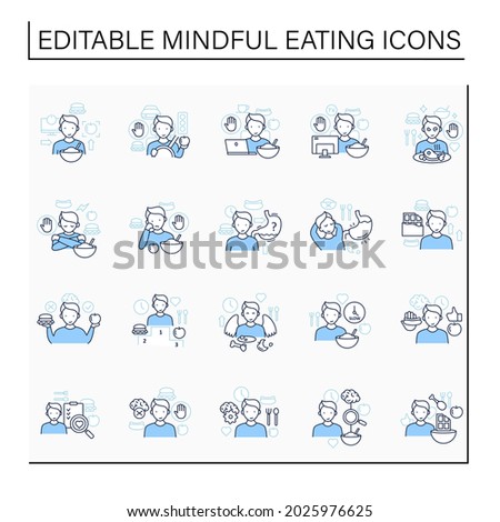 Mindful eating line icons set. Conscious, intuitive nutrition. Eating habits. Hunger signals. Mealtimes concept. Isolated vector illustration.Editable stroke