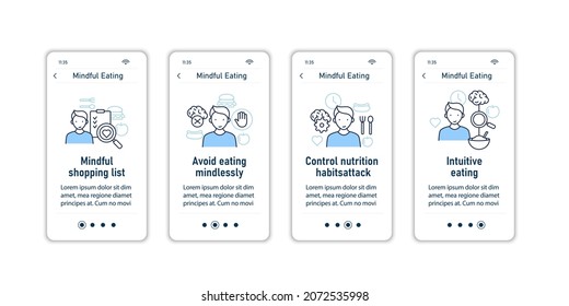 Mindful eating onboarding mobile app screens. Conscious, intuitive nutrition steps menu. Set of UI, UX, web template with RGB color linear icons