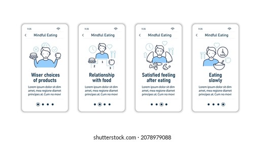Mindful eating onboarding mobile app screens. Conscious, intuitive nutrition steps menu. Set of UI, UX, web template with RGB color linear icons
