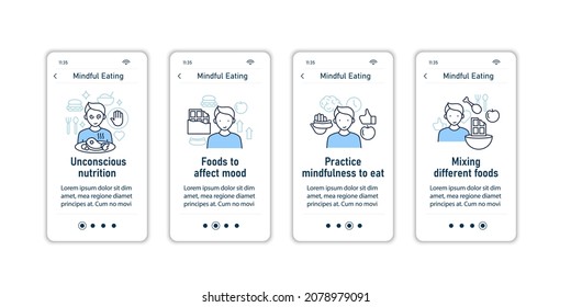 Mindful eating onboarding mobile app screens. Conscious, intuitive nutrition steps menu. Set of UI, UX, web template with RGB color linear icons