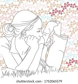 Mindful Girl in the Grass With Little Flowers Texture Background