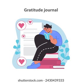 Juego de diario de gratitud consciente. Reflexionar sobre las alegrías de la vida con un registro personal de aprecio. Ilustración vectorial plana.