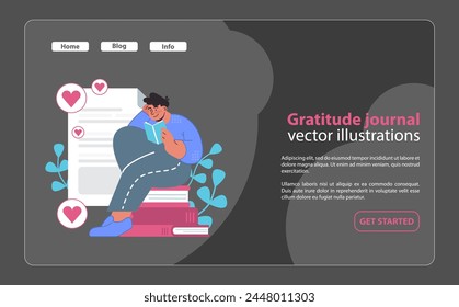 Web o aterrizaje de diario de gratitud consciente. Reflexionar sobre las alegrías de la vida con un registro personal de aprecio. Ilustración vectorial plana.