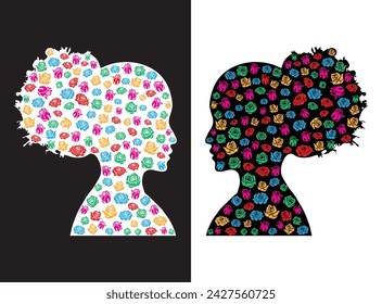 Mindful Harmony, Silhouette Profiles Intertwined with Colorful Roses, Exploring Psychology and Neurology