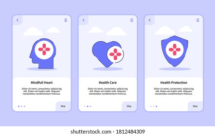 Mindful health heart care health protection onboarding screen for mobile apps template banner page UI with three variations modern flat outline style