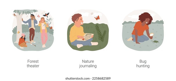 Mindful hobbies isolated cartoon vector illustration set. Forest theater performance, play game, create wildlife sounds, nature journal writing, bug hunting with magnifying glass vector cartoon.