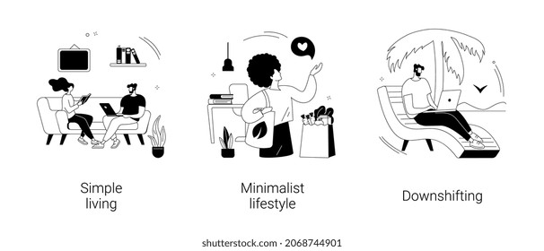 Mindful Lifestyle Abstract Concept Vector Illustration Set. Simple Living, Minimalist Lifestyle, Downshifting, Slow Living, Reduced Consumption, Find Balance, No Stress Life, Escape Abstract Metaphor.