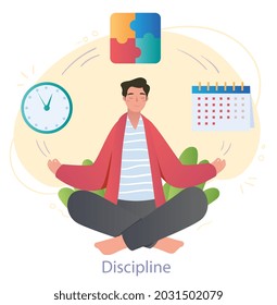 Mindful male character is sitting in lotus position showing his discipline on white background. People trying to embody their best qualities doing their job. Flat cartoon vector illustration