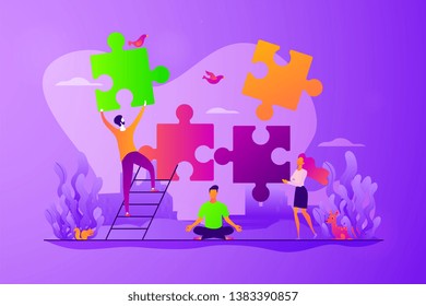Mindful meditating, mental calmness and self-consciousness, focusing and releasing stress concept. Vector isolated concept illustration with tiny people and floral elements. Hero image for website.
