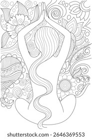 Meditação Mindful e arte de relaxamento para colorir livros: Arte de linha detalhada de uma pessoa na postura de Yoga com intrincado fundo floral Mandala para alívio de estresse e prática de zen