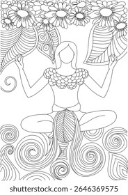 Mindful Meditation Woman in Lotus Pose Line Art Coloring Page with Abstract Floral and Swirl Patterns, Perfect for Relaxation, Mindfulness, Stress Relief, and Creative Activities