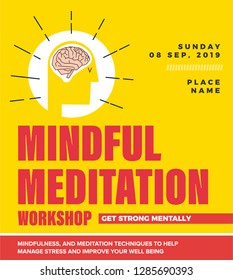 Mindful Meditation Workshop Template Design. Vector illustration of man after meditation. Positive energy and Mental Health concept.