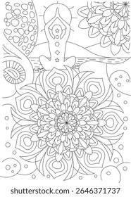 Meditação Mindful e Yoga Figura com Chakras, Sol, e Detalhada Mandala Art - Relaxante Adulto Coloração Livro Página Vetor.