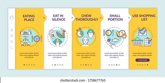 Mindful nutrition habits onboarding vector template. Eating place change and shopping list. Responsive mobile website with icons. Webpage walkthrough step screens. RGB color concept