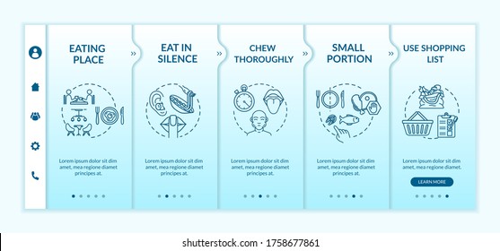 Mindful nutrition practice onboarding vector template. Eating in silence and chewing thoroughly. Responsive mobile website with icons. Webpage walkthrough step screens. RGB color concept svg